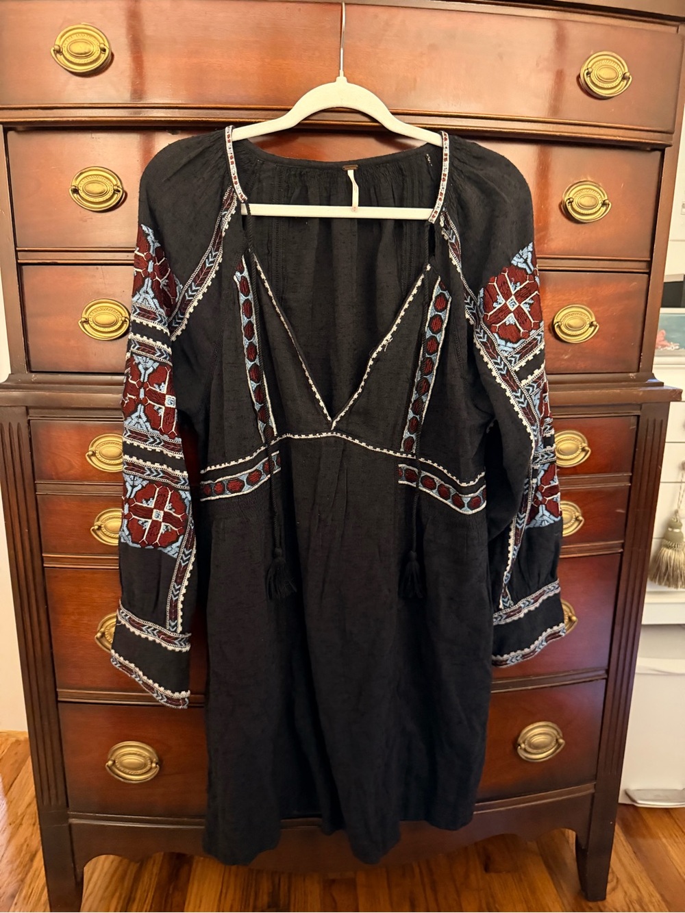 Free People Black Boho Embroidered Long Sleeve Dress with Red & Blue Accents